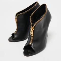 Tom Ford Black Leather Zipper Open Toe Ankle Booties Size 38