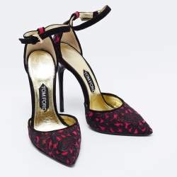 Pre Owned Tom Ford Black/Pink Embroidered Suede D'Orsay Ankle Strap Pumps Size 38