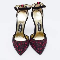 Pre Owned Tom Ford Black/Pink Embroidered Suede D'Orsay Ankle Strap Pumps Size 38