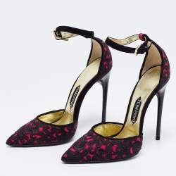 Pre Owned Tom Ford Black/Pink Embroidered Suede D'Orsay Ankle Strap Pumps Size 38