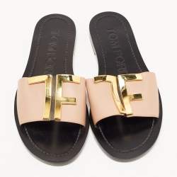 Tom Ford Pink Leather TF Logo Flat Slides Size 38