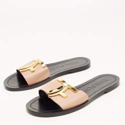Tom Ford Pink Leather TF Logo Flat Slides Size 38