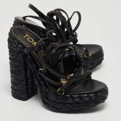 Pre Owned Tom Ford Black Raffia and Leather Ankle Strap Sandals Size 38