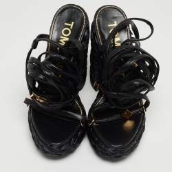 Pre Owned Tom Ford Black Raffia and Leather Ankle Strap Sandals Size 38