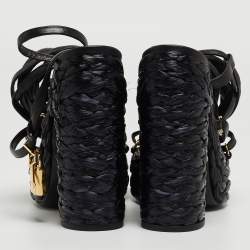 Pre Owned Tom Ford Black Raffia and Leather Ankle Strap Sandals Size 38