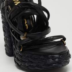 Pre Owned Tom Ford Black Raffia and Leather Ankle Strap Sandals Size 38