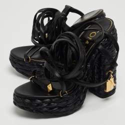 Pre Owned Tom Ford Black Raffia and Leather Ankle Strap Sandals Size 38