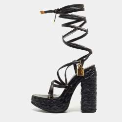 Pre Owned Tom Ford Black Raffia and Leather Ankle Strap Sandals Size 38