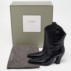 Tom Ford Black Croc Embossed Leather Western Ankle Boots Size 36