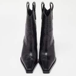 Tom Ford Black Croc Embossed Leather Western Ankle Boots Size 36