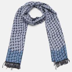 Tom Ford Blue Floral Print Silk Fringed Scarf 