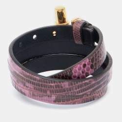 Pre Owned Tom Ford Purple Lizard Embossed Leather Gold Tone T Buckle Wrap Bracelet