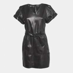Tom Ford Black Leather V-Neck Belted Mini Dress M