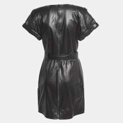 Tom Ford Black Leather V-Neck Belted Mini Dress M