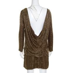 Tom Ford Brown Embellished Silk Draped Open Back Long Sleeve Dress S