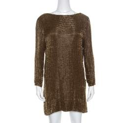 Tom Ford Brown Embellished Silk Draped Open Back Long Sleeve Dress S