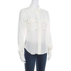 Pre Owned Tom Ford Cream Embellished Silk Epaulette Detail Long Sleeve Blouse S