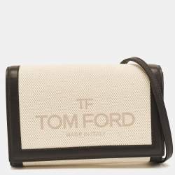 Tom Ford Beige/Black Logo Print Canvas and Leather Flap Wallet on Strap