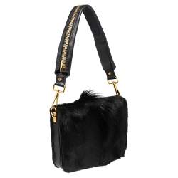 Pre Owned Tom Ford Black Pony Hair and Leather Flap Zipper Strap Shoulder Bag
