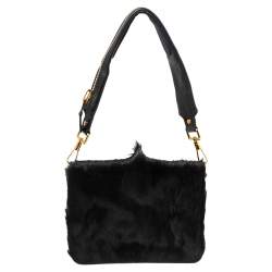 Pre Owned Tom Ford Black Pony Hair and Leather Flap Zipper Strap Shoulder Bag