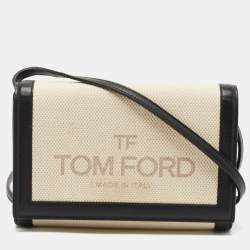 Tom Ford Black/Beige Logo Print Canvas and Leather Flap Wallet on Strap