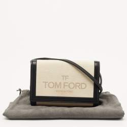 Tom Ford Black/Beige Logo Print Canvas and Leather Flap Wallet on Strap