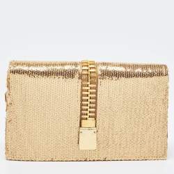 Pre Owned Tom Ford Gold Sequins and Karung Leather Mini Zip Embellished Shoulder Bag 