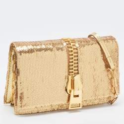 Pre Owned Tom Ford Gold Sequins and Karung Leather Mini Zip Embellished Shoulder Bag 