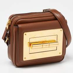 Tom Ford Brown Leather Twist Lock Zip Crossbody Bag