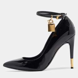 Tom Ford Black Patent Leather Padlock Ankle Wrap Pointed Toe Pumps 38.5