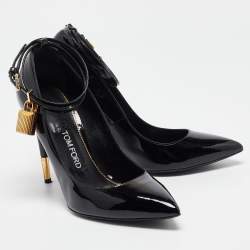 Tom Ford Black Patent Leather Padlock Ankle Wrap Pointed Toe Pumps 38.5