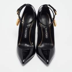 Tom Ford Black Patent Leather Padlock Ankle Wrap Pointed Toe Pumps 38.5