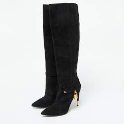 Tom Ford Black Suede Lock Strap Knee Length Boots Size 39
