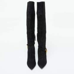 Tom Ford Black Suede Lock Strap Knee Length Boots Size 39