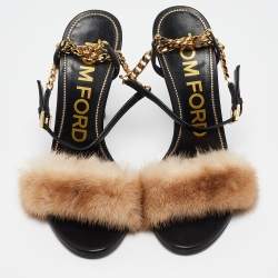 Tom Ford Beige/Black Fur and Leather Ankle Strap Sandals Size 37.5