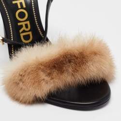 Tom Ford Beige/Black Fur and Leather Ankle Strap Sandals Size 37.5