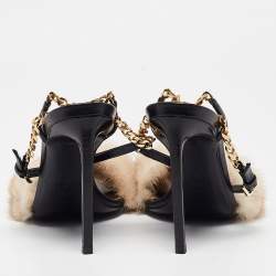 Tom Ford Beige/Black Fur and Leather Ankle Strap Sandals Size 37.5