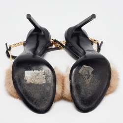 Tom Ford Beige/Black Fur and Leather Ankle Strap Sandals Size 37.5