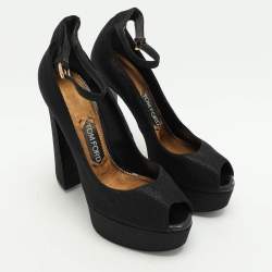 Tom Ford Black Lurex Fabric Platform Ankle Strap Pumps Size 37.5