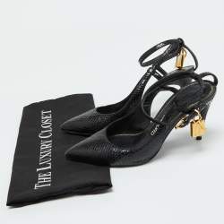 Tom Ford Black Snakeskin Leather Padlock Ankle Wrap Pointed Toe Pumps Size 37