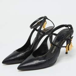 Tom Ford Black Snakeskin Leather Padlock Ankle Wrap Pointed Toe Pumps Size 37