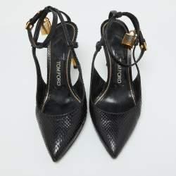 Tom Ford Black Snakeskin Leather Padlock Ankle Wrap Pointed Toe Pumps Size 37