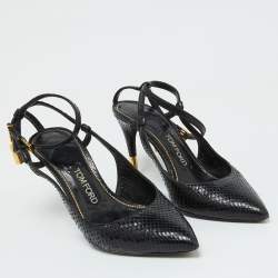 Tom Ford Black Snakeskin Leather Padlock Ankle Wrap Pointed Toe Pumps Size 37