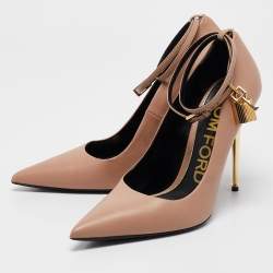 Tom Ford Beige Leather Padlock Ankle Wrap Pumps Size 40