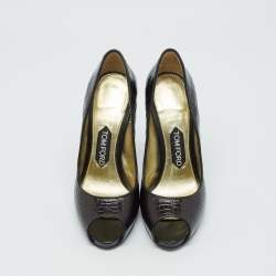 Tom Ford Brown Croc Embossed Leather Peep Toe Pumps Size 37