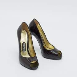 Tom Ford Brown Croc Embossed Leather Peep Toe Pumps Size 37
