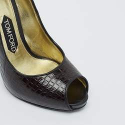 Tom Ford Brown Croc Embossed Leather Peep Toe Pumps Size 37