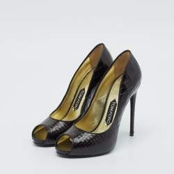 Tom Ford Brown Croc Embossed Leather Peep Toe Pumps Size 37