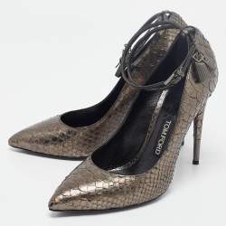 Tom Ford Metallic Grey Python Padlock Ankle Wrap Pumps Size 41.5