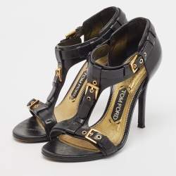 Pre Owned Tom Ford Black Leather Buckle Detail T-Strap Sandals Size 36
